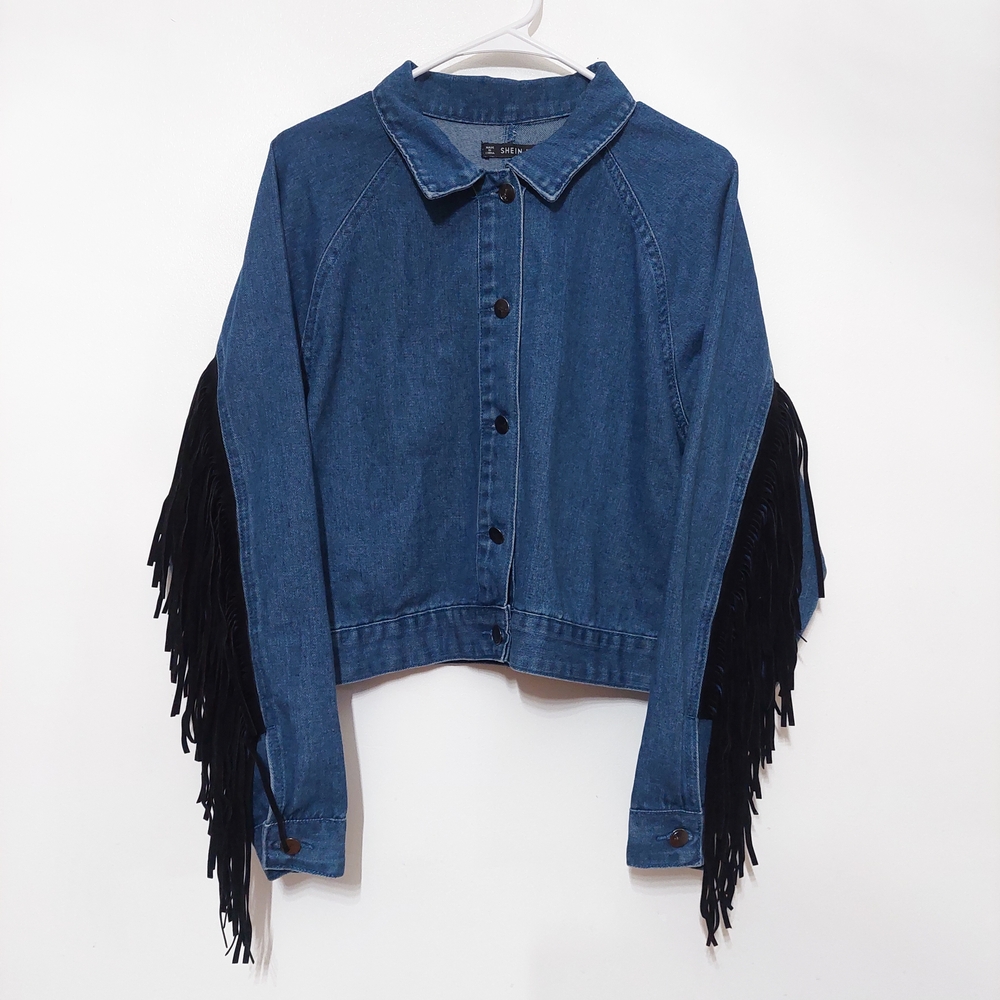 SHEIN Blue Jean Jacket with Black Fringe Western Rodeo Fun Festival - Picture 2 of 8